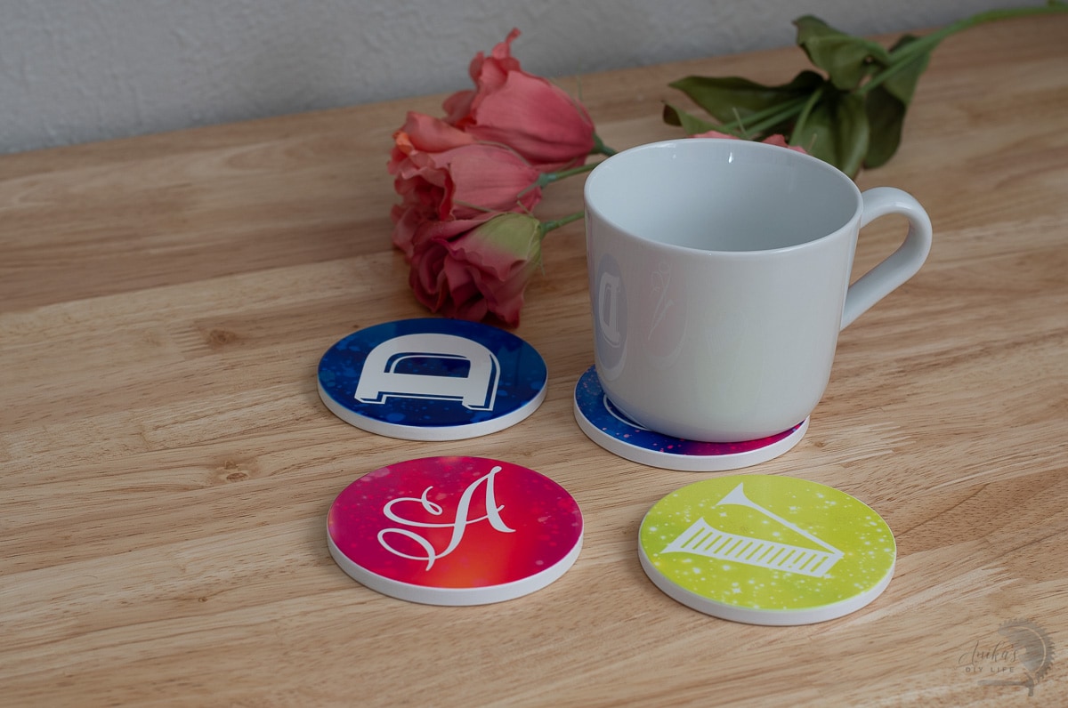 infusible ink coasters with cup on table