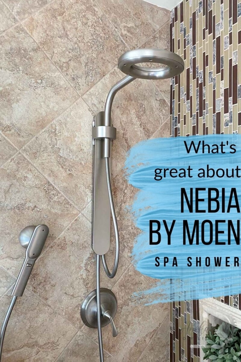 Nebia by Moen Spa Shower in bathroom with text overlay