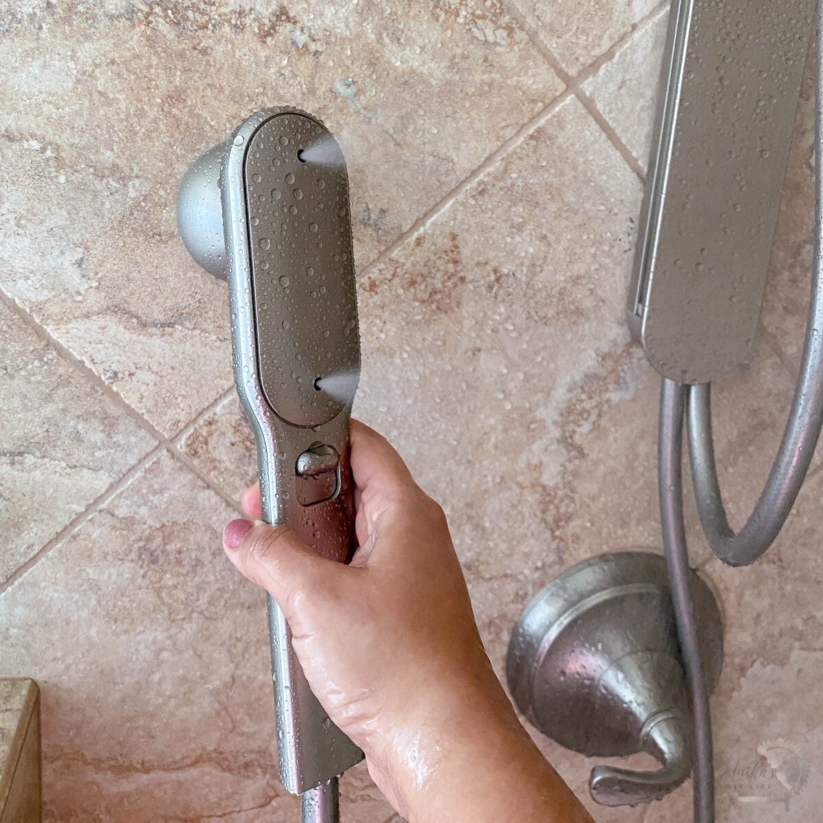 close up of the handheld Nebia by Moen shower