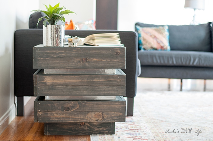 Side view of DIY tiered end table